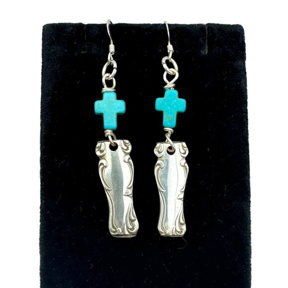 Vintage Spoon Handle Earrings With Turquoise Cross Accents & Silver Hooks - Picture 1 of 10